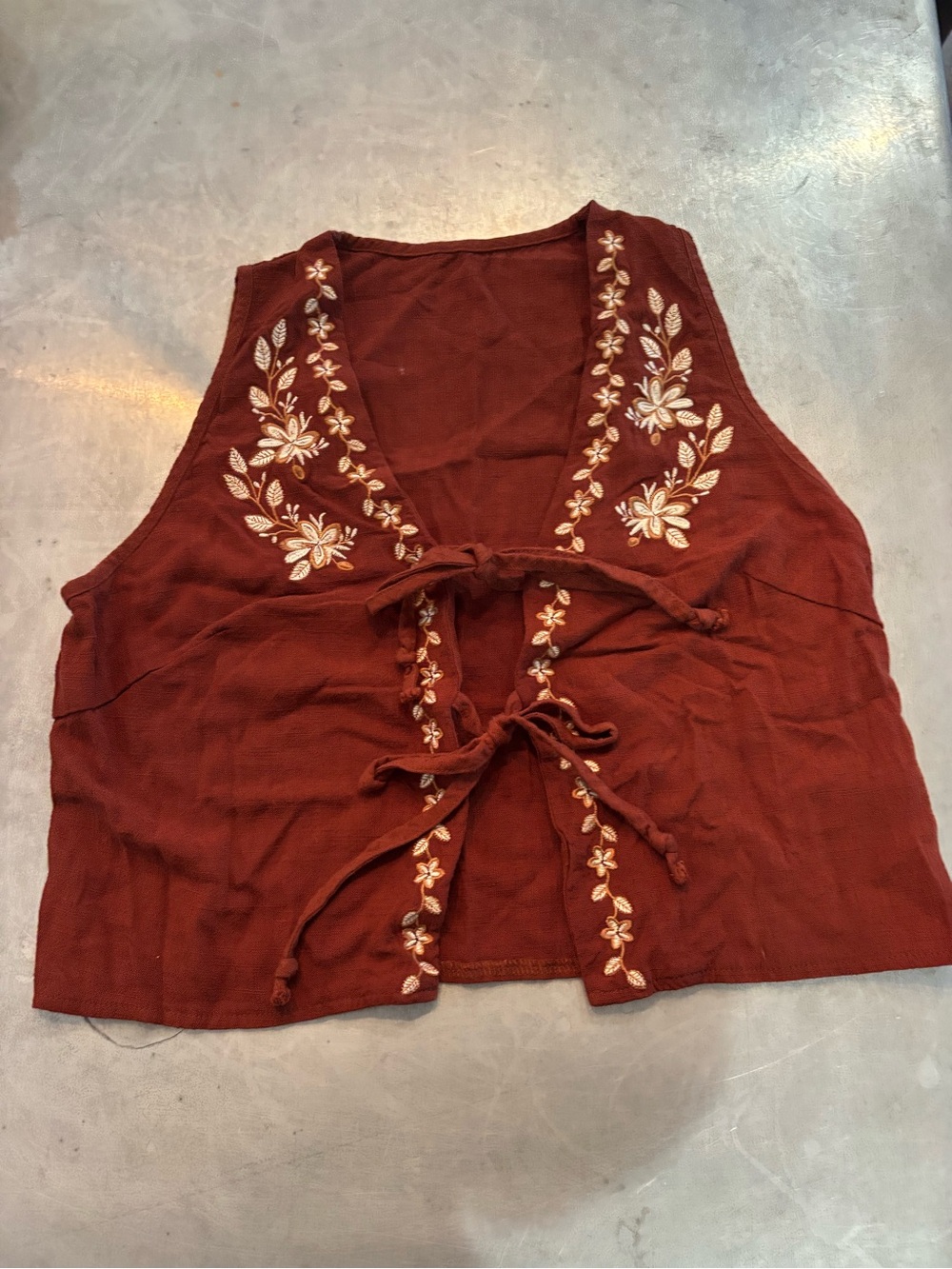 Women's Embroidered Tie-Front Vest - Rust